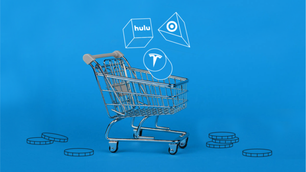 A shopping cart is shown surrounded by illustrated coins, alluding to how to buy stocks.