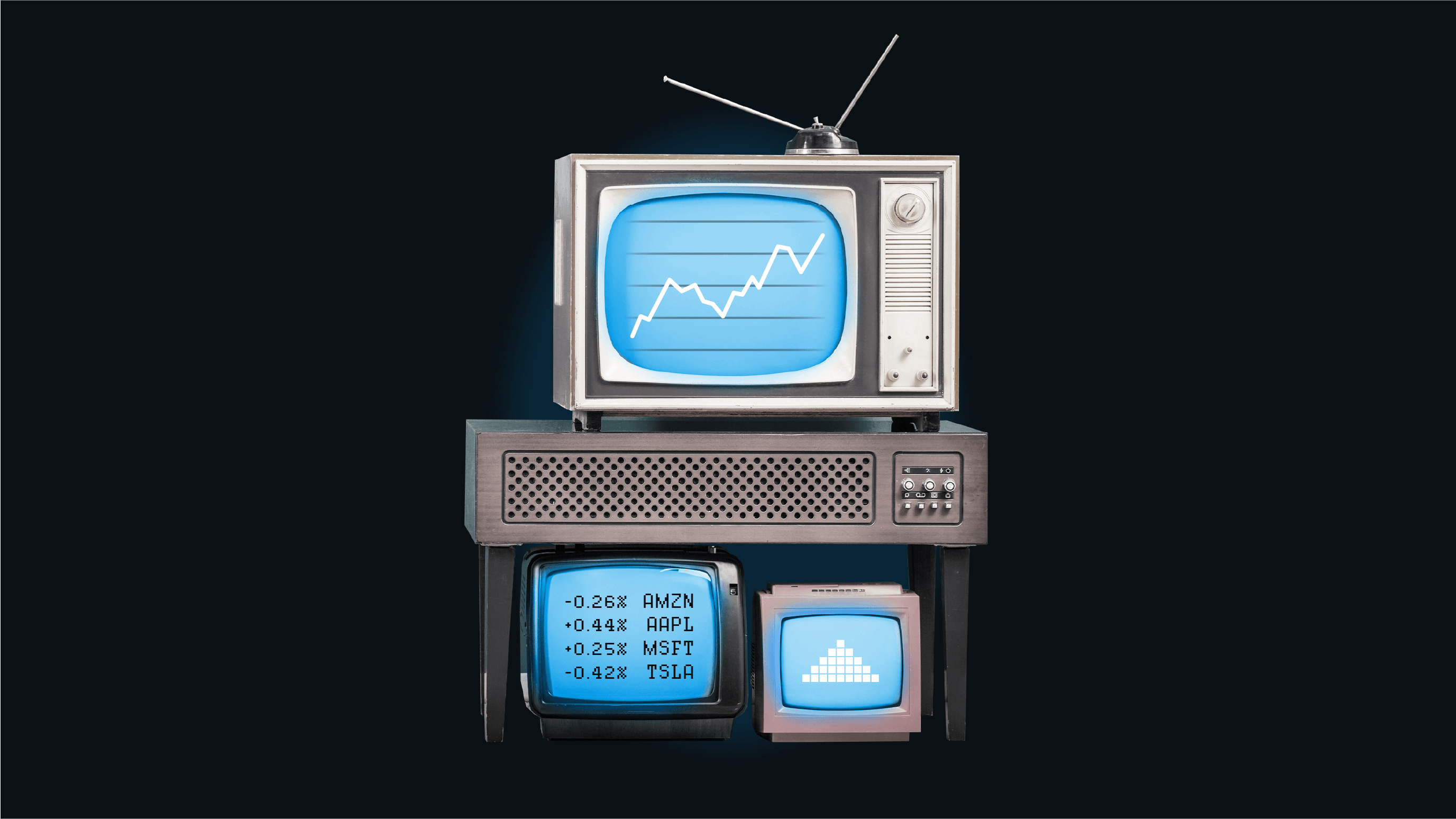 A stack of old-school computer and television screens display illustrations of different types of stock charts, alluding toward a lesson in how to read a stock chart.