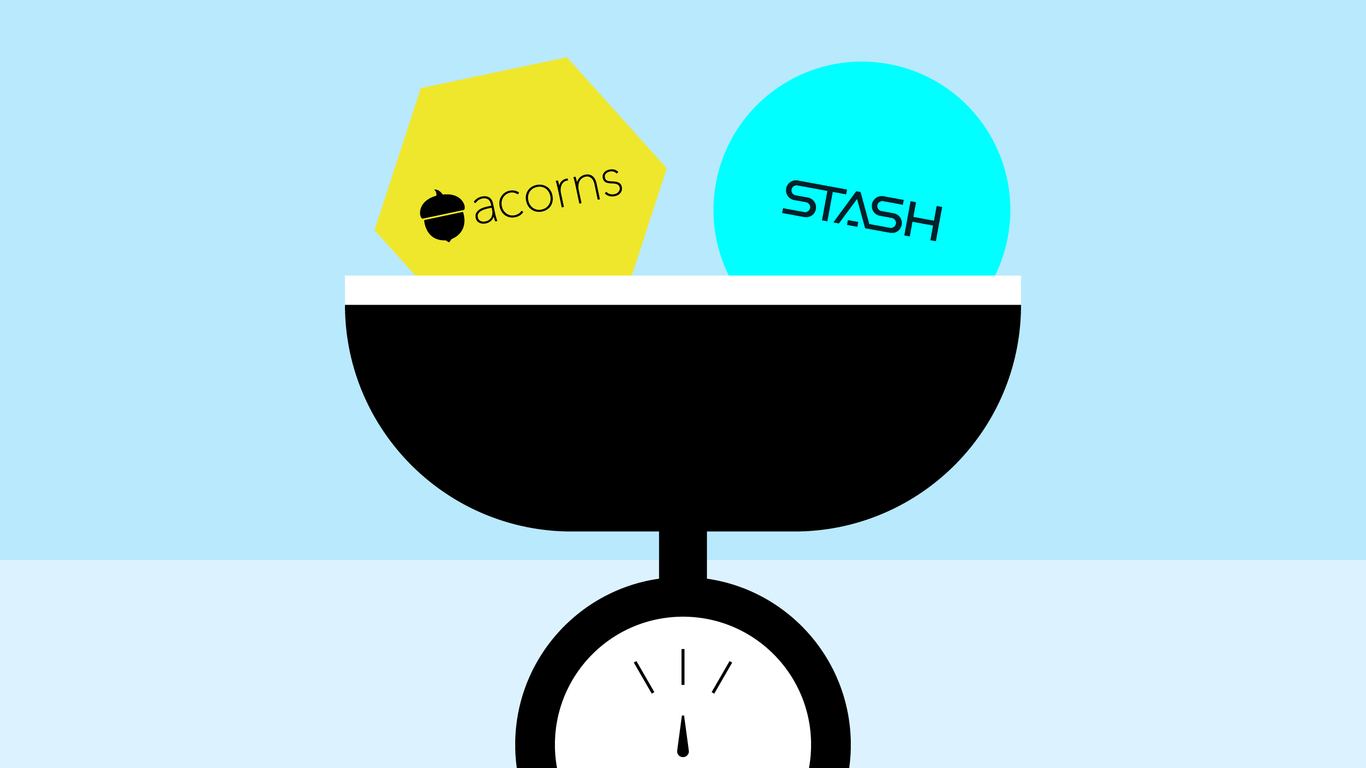 An illustrated scale holds two objects labeled Stash and Acorns, alluding to the topic of comparing Stash vs Acorns, two popular investing apps.