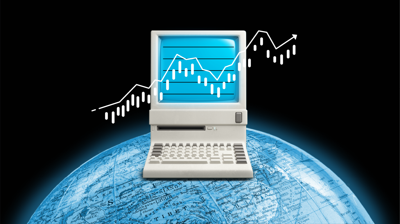 An illustration of a stock market chart accompanies a hand holding an iPhone.