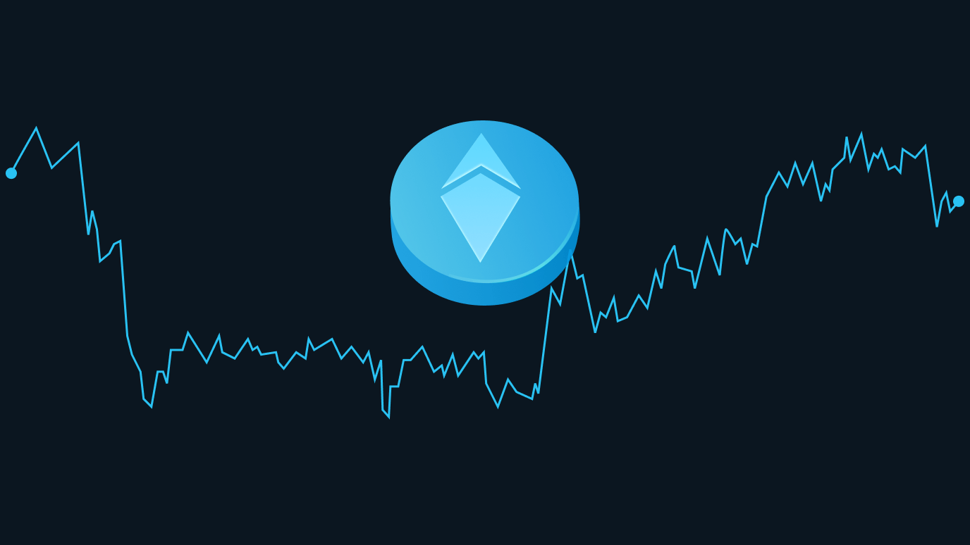 Illustration of Ethereum logo with stock chart fluctuating behind it.